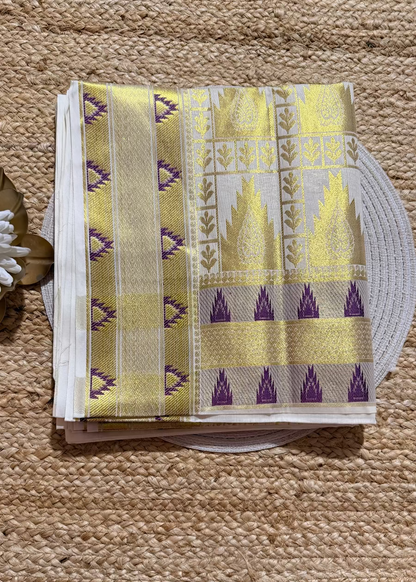 Kerala Kasavu Jacquard Design Violet Saree- Kerala