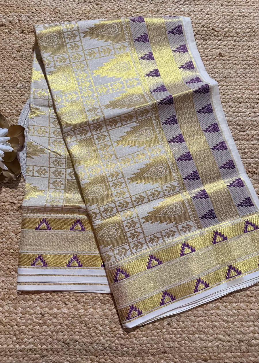 Kerala Kasavu Jacquard Design Violet Saree- Kerala