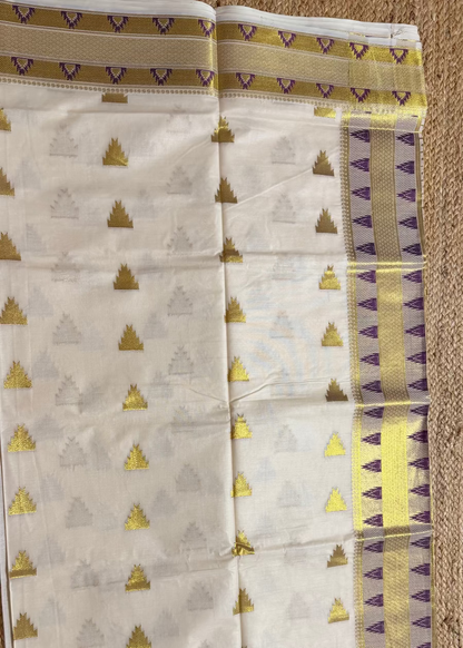 Kerala Kasavu Jacquard Design Violet Saree- Kerala