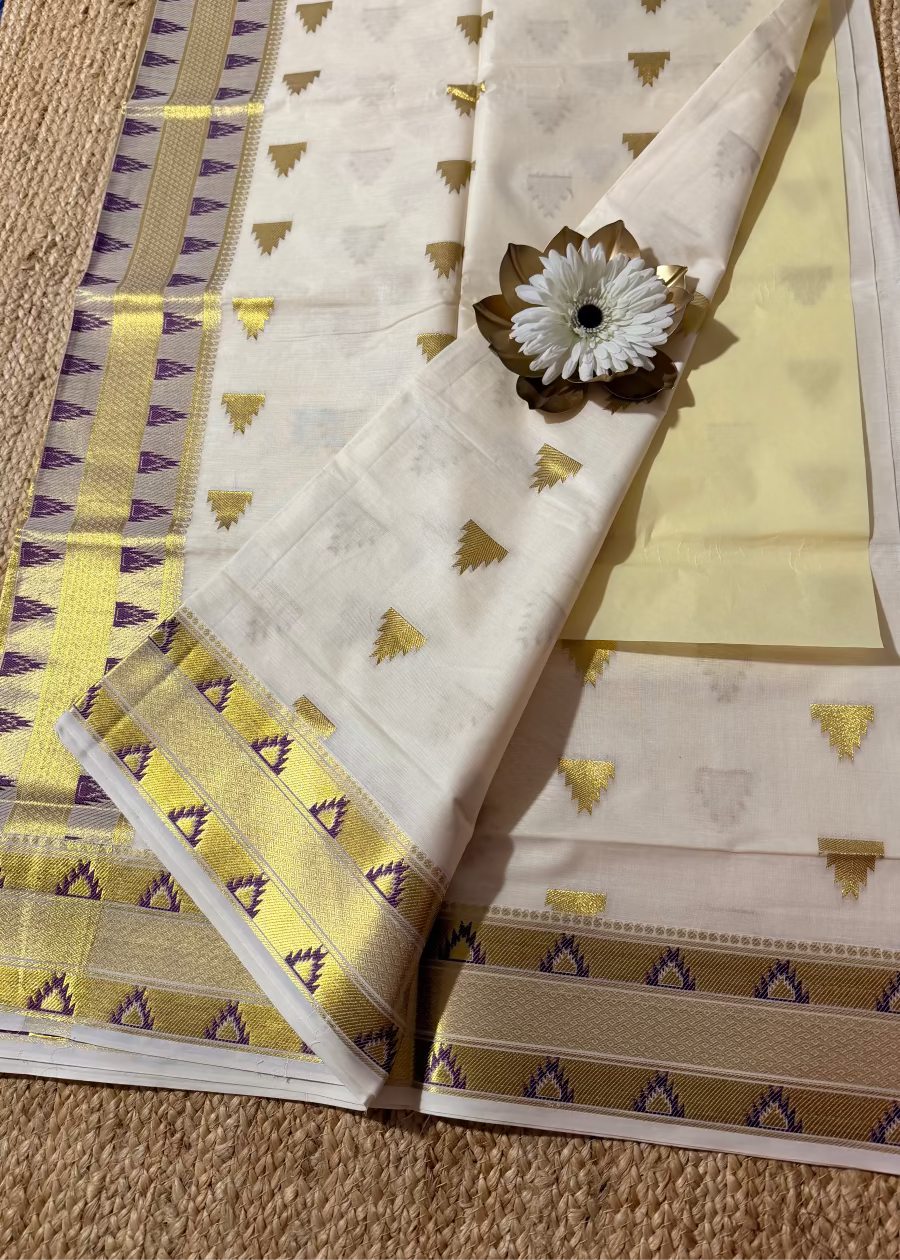 Kerala Kasavu Jacquard Design Violet Saree- Kerala
