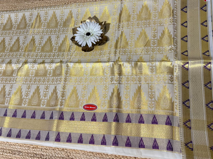 Kerala Kasavu Jacquard Design Violet Saree- Kerala