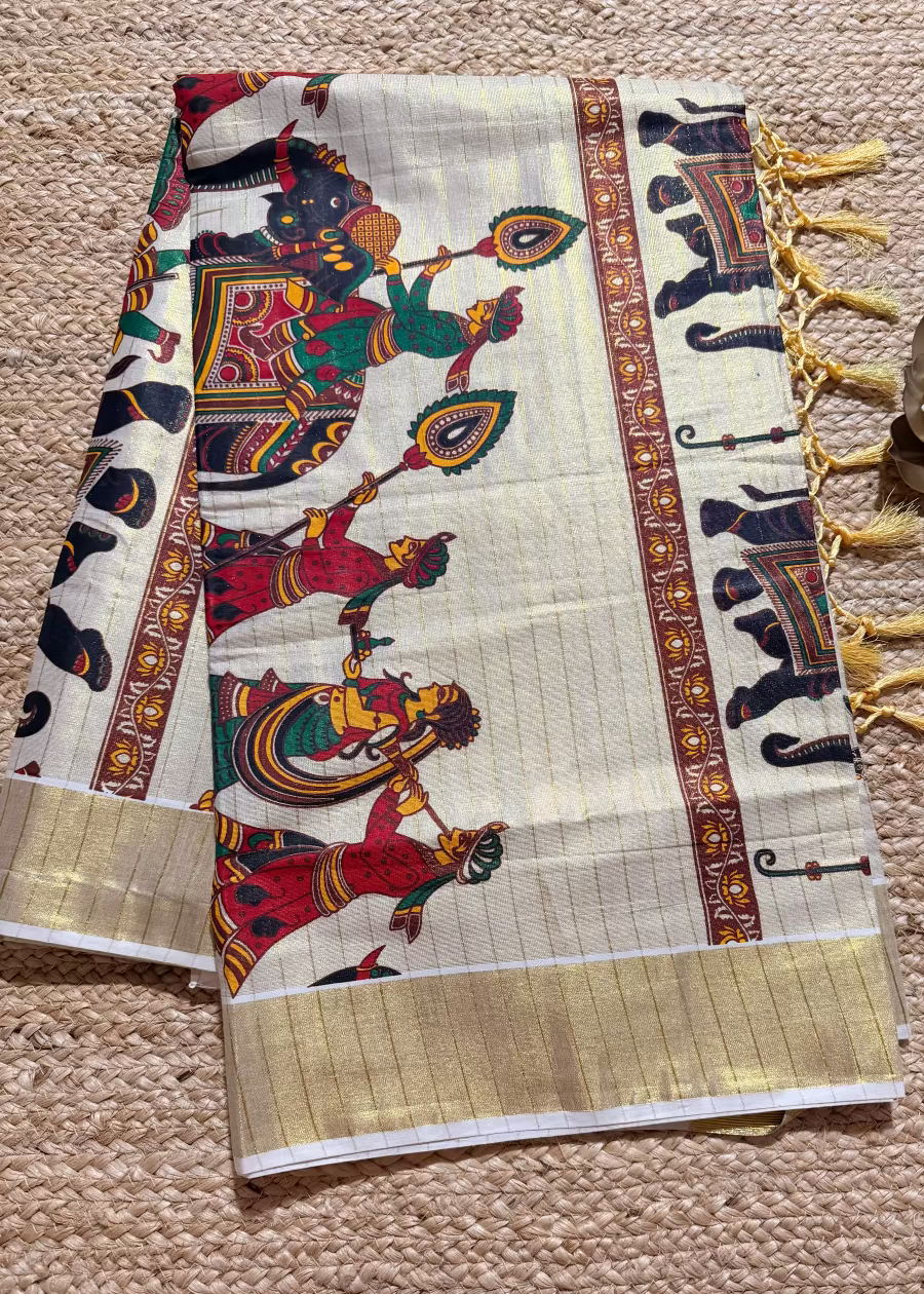 Kerala Kasavu Elephant  Design Saree- Kerala