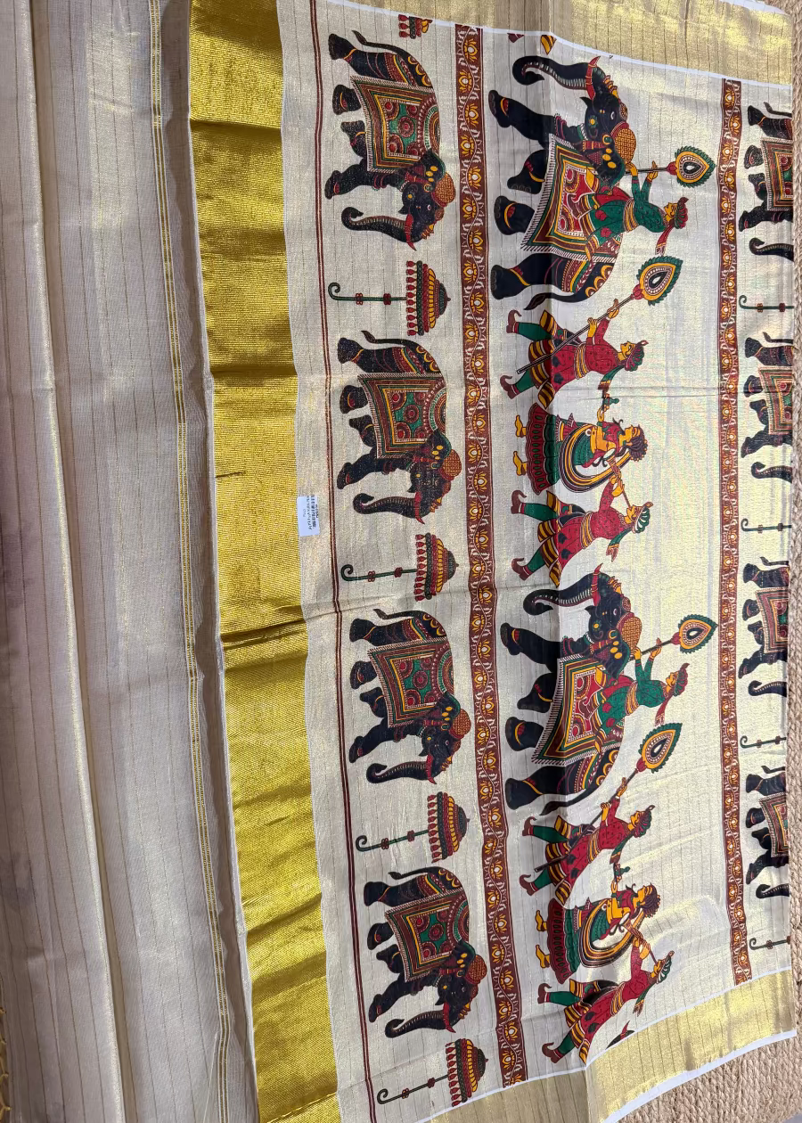 Kerala Kasavu Elephant  Design Saree- Kerala
