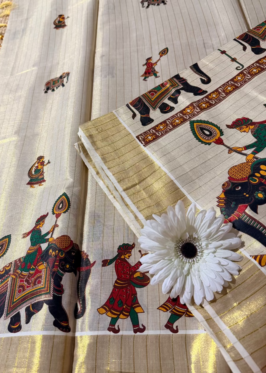 Kerala Kasavu Elephant  Design Saree- Kerala