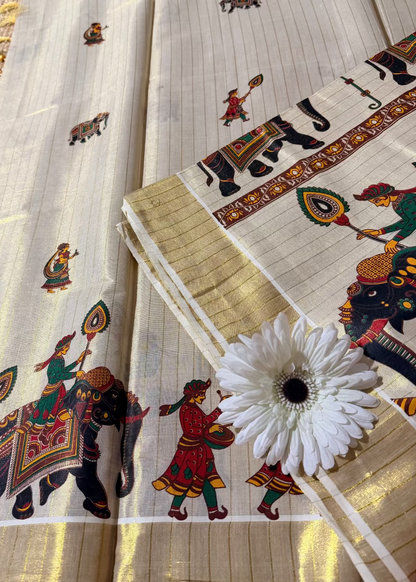Kerala Kasavu Elephant  Design Saree- Kerala