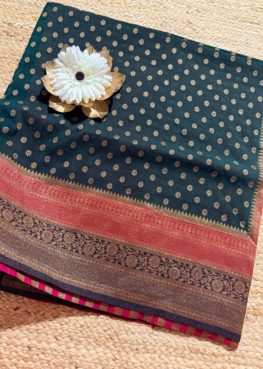 Green and Majenta Georgette Silk Saree- Banaras