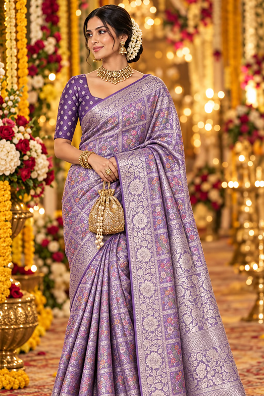 Lavender Colour Brocade Silk Saree- Banaras