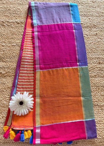 Multi Coloured Checkered Soft Mul Cotton Saree- Bengal