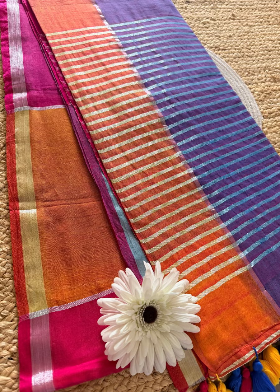 Multi Coloured Checkered Soft Mul Cotton Saree- Bengal