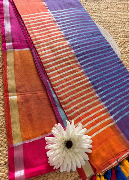 Multi Coloured Checkered Soft Mul Cotton Saree- Bengal