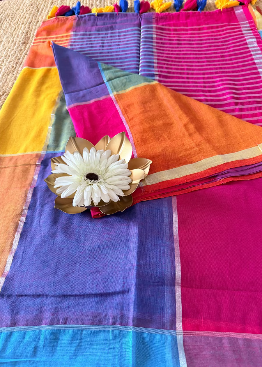 Multi Coloured Checkered Soft Mul Cotton Saree- Bengal