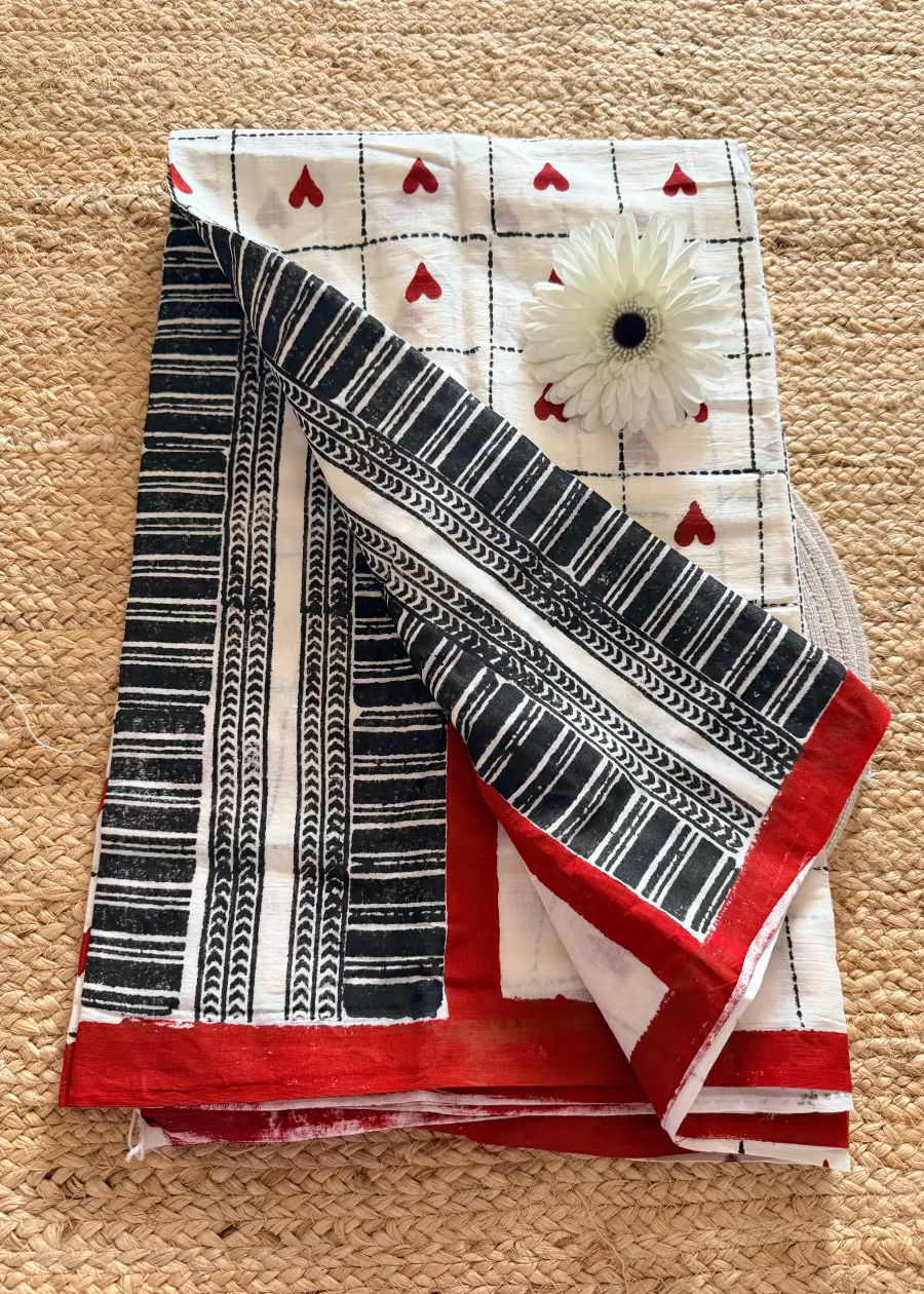 White, Black & Red Cotton Saree- Bengal