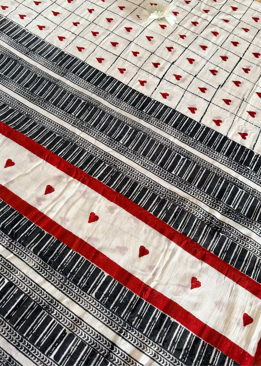 White, Black & Red Cotton Saree- Bengal