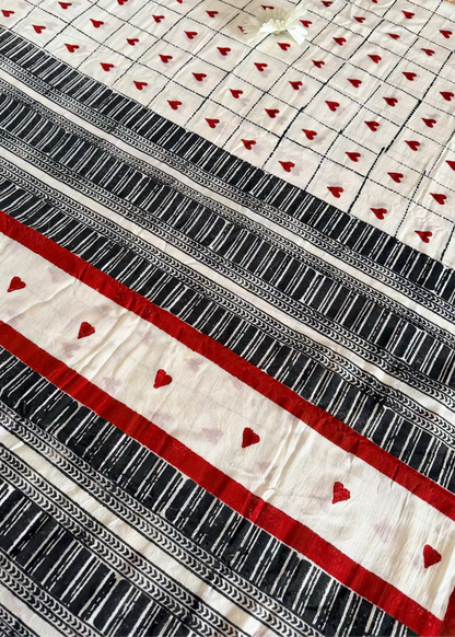 White, Black & Red Cotton Saree- Bengal