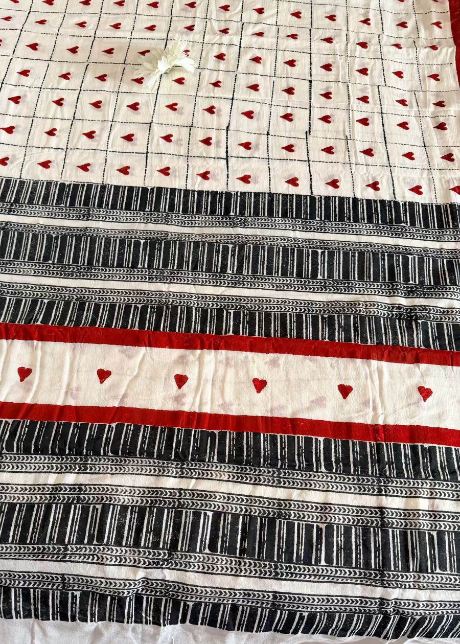 White, Black & Red Cotton Saree- Bengal