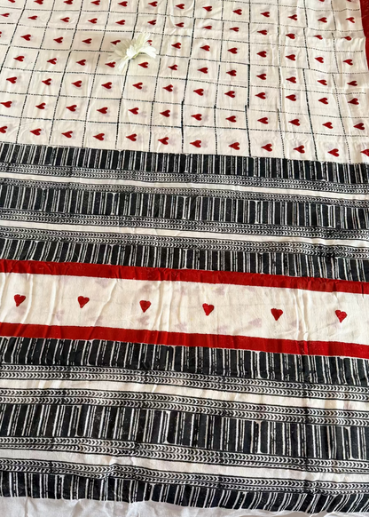 White, Black & Red Cotton Saree- Bengal