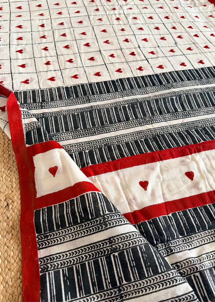 White, Black & Red Cotton Saree- Bengal