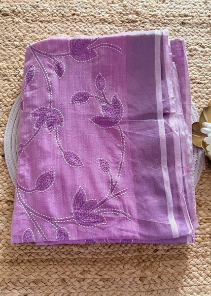 Pink Linen Cotton Saree With Kantha Work- Bengal