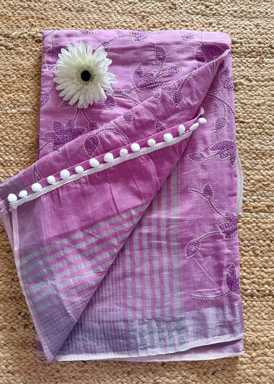 Pink Linen Cotton Saree With Kantha Work- Bengal