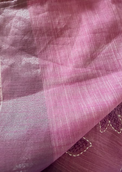 Pink Linen Cotton Saree With Kantha Work- Bengal
