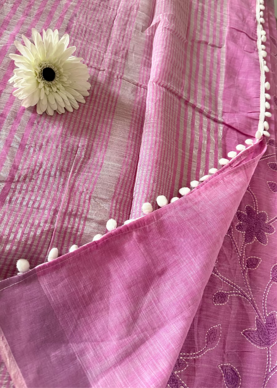 Pink Linen Cotton Saree With Kantha Work- Bengal