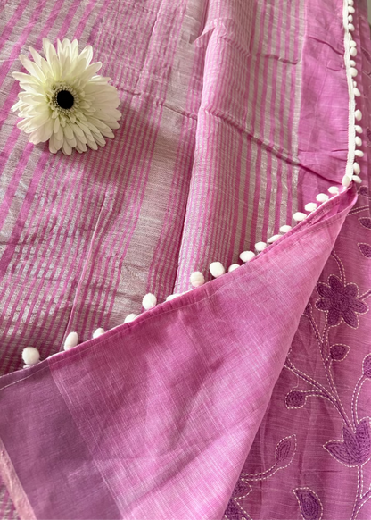 Pink Linen Cotton Saree With Kantha Work- Bengal