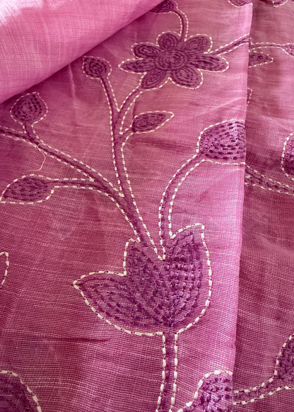 Pink Linen Cotton Saree With Kantha Work- Bengal