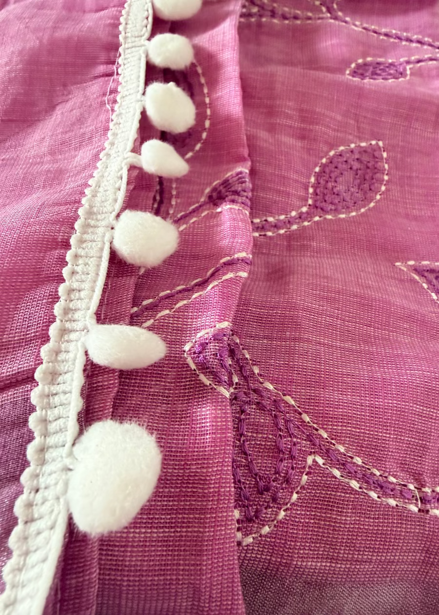Pink Linen Cotton Saree With Kantha Work- Bengal