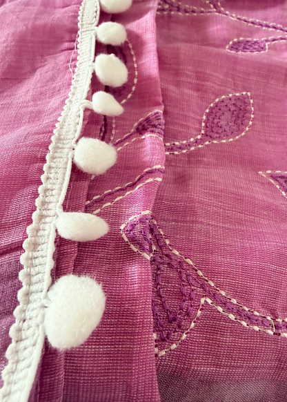Pink Linen Cotton Saree With Kantha Work- Bengal