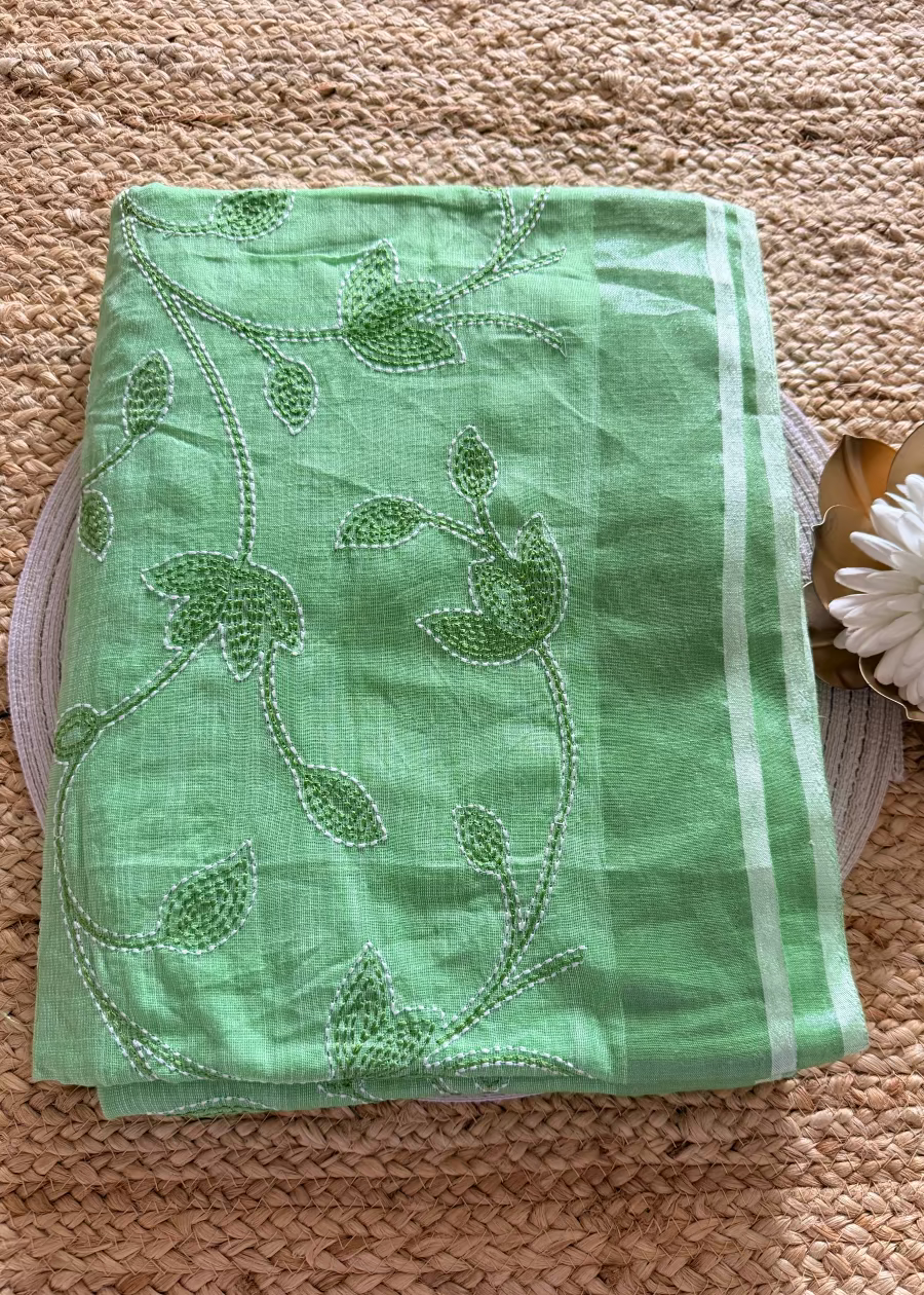 Light Green Linen Cotton Saree With Kantha Work- Bengal
