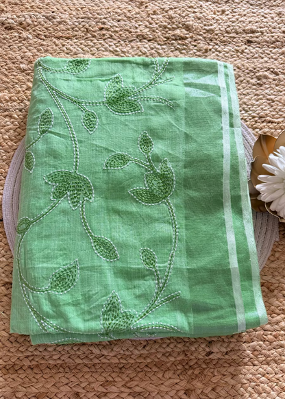 Light Green Linen Cotton Saree With Kantha Work- Bengal