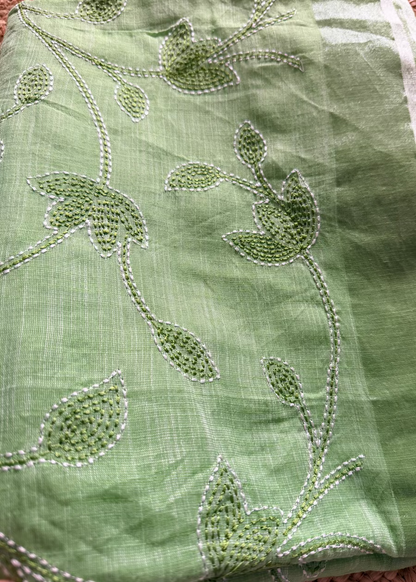 Light Green Linen Cotton Saree With Kantha Work- Bengal