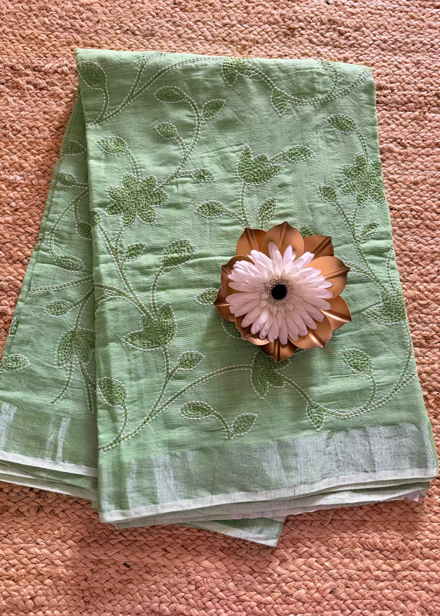 Light Green Linen Cotton Saree With Kantha Work- Bengal