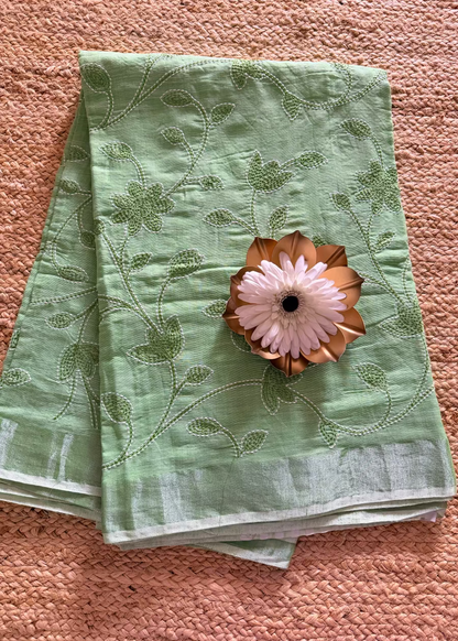 Light Green Linen Cotton Saree With Kantha Work- Bengal