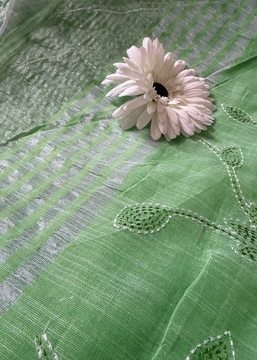 Light Green Linen Cotton Saree With Kantha Work- Bengal