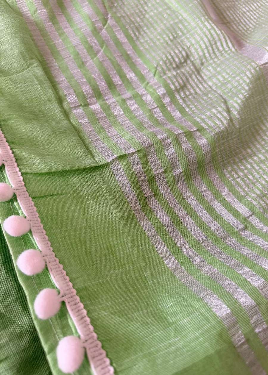 Light Green Linen Cotton Saree With Kantha Work- Bengal