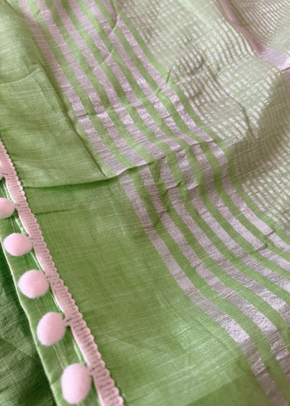 Light Green Linen Cotton Saree With Kantha Work- Bengal