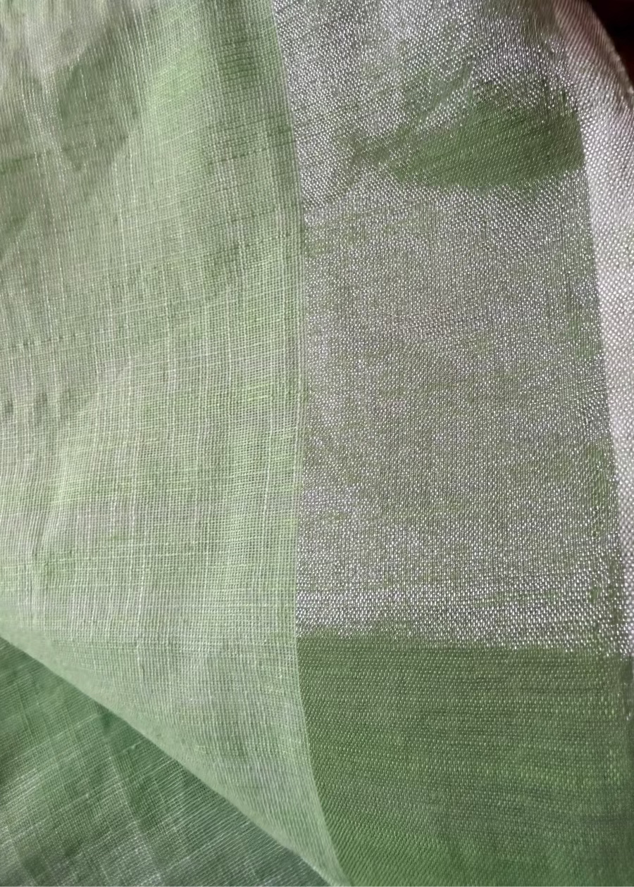 Light Green Linen Cotton Saree With Kantha Work- Bengal