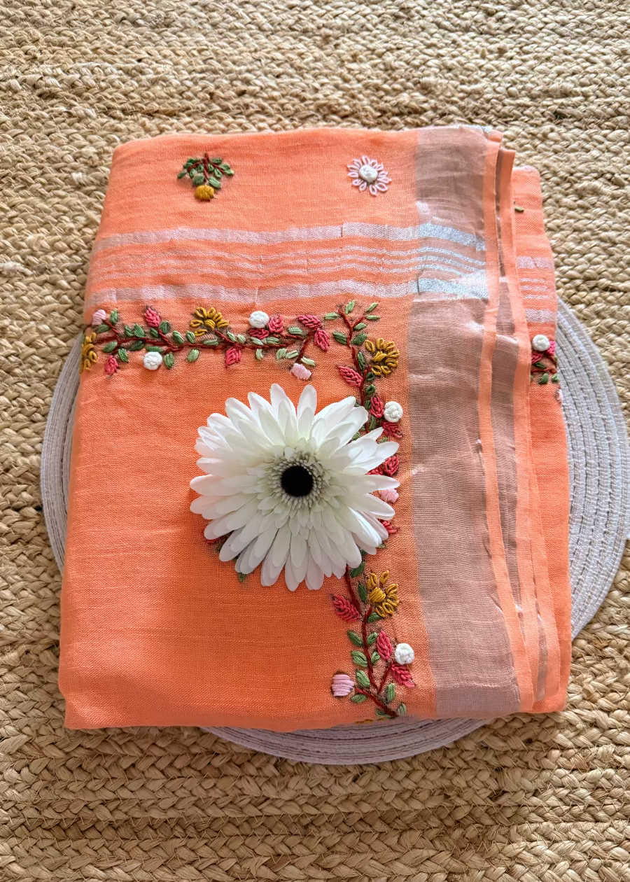 Peach Soft Linen Cotton Saree- Bengal