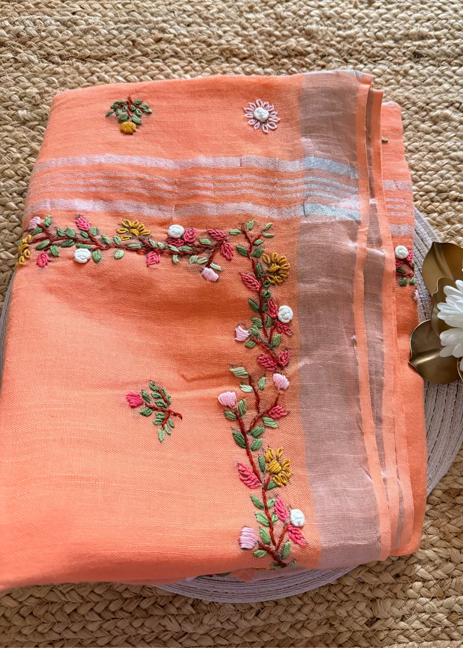 Peach Soft Linen Cotton Saree- Bengal