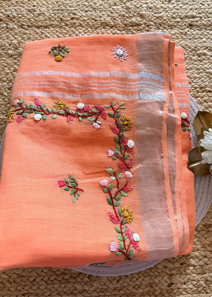 Peach Soft Linen Cotton Saree- Bengal