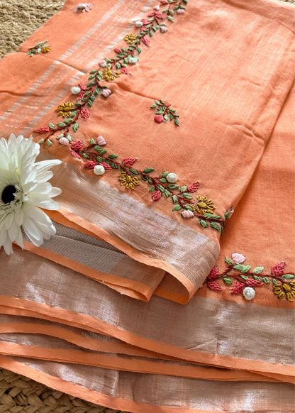 Peach Soft Linen Cotton Saree- Bengal
