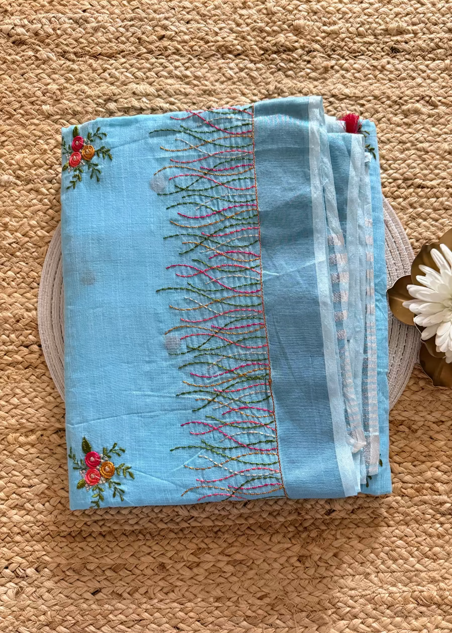 Light Blue Linen Cotton Saree- Bengal