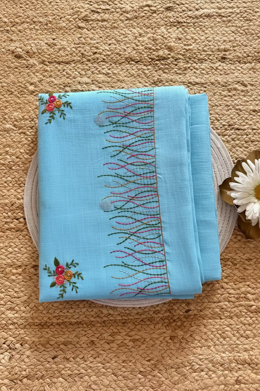 Light Blue Linen Cotton Saree- Bengal