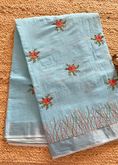 Light Blue Linen Cotton Saree- Bengal