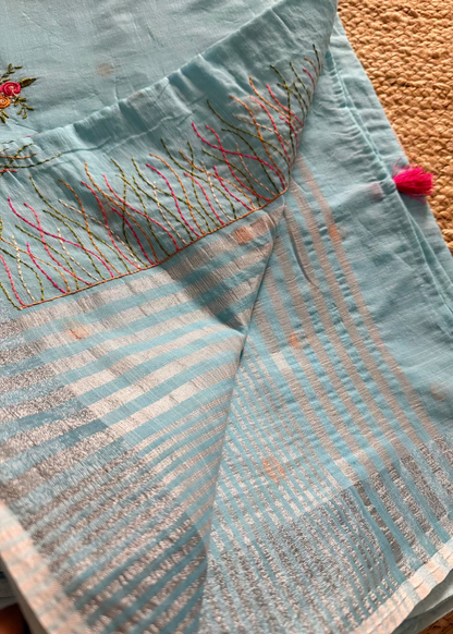 Light Blue Linen Cotton Saree- Bengal