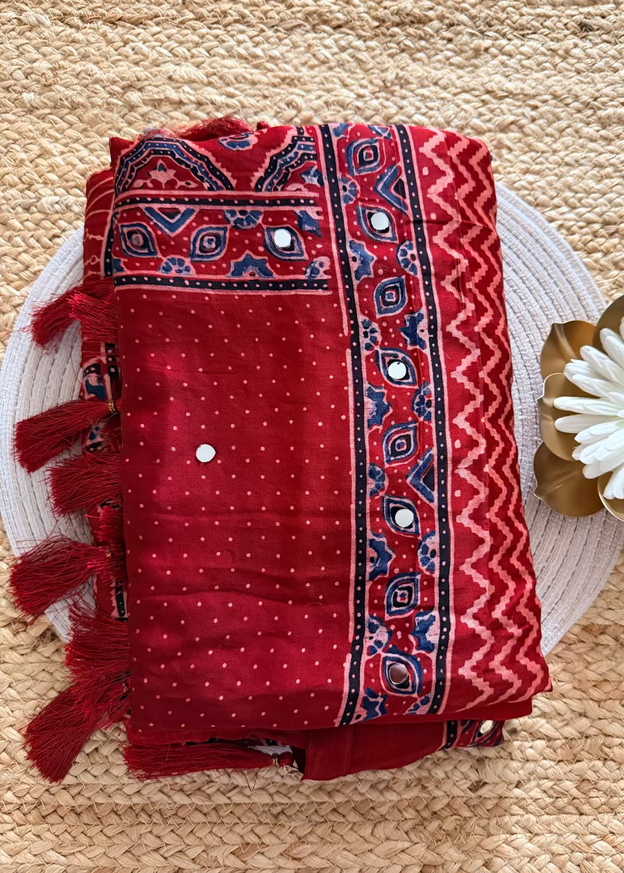 Red Pure Modal Silk Saree With Mirror Work- Gujarat