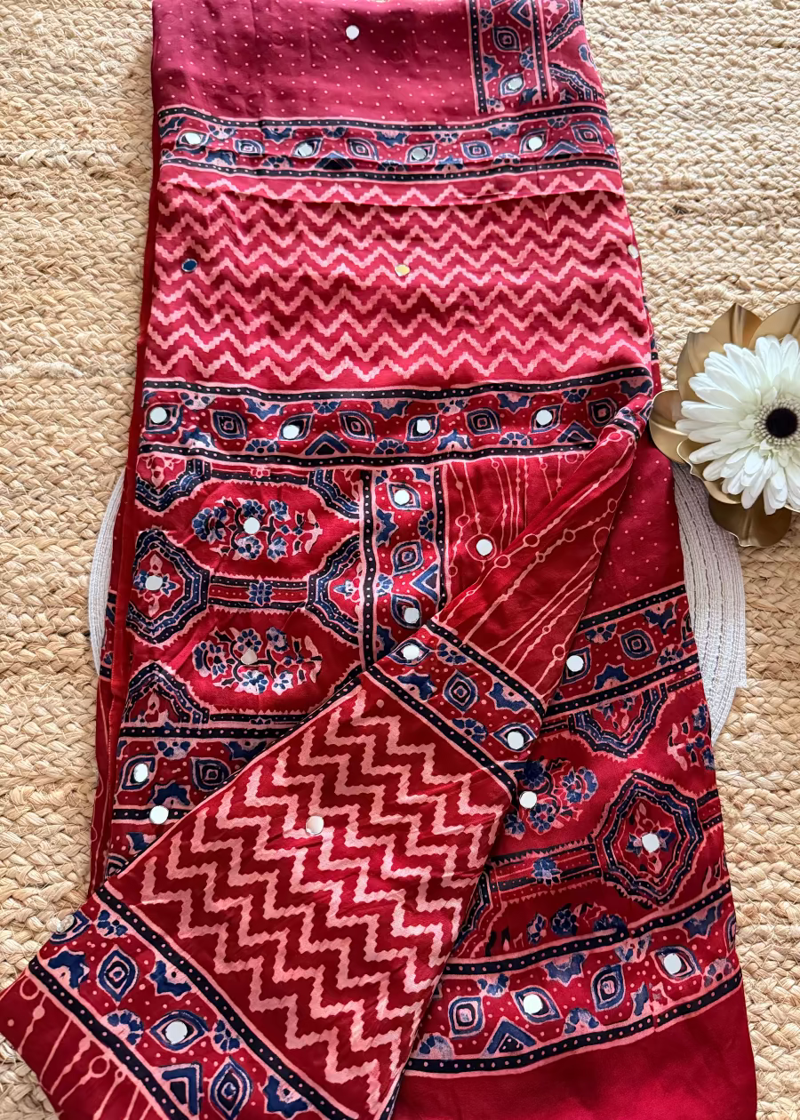 Red Pure Modal Silk Saree With Mirror Work- Gujarat