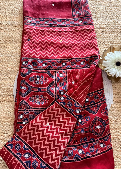 Red Pure Modal Silk Saree With Mirror Work- Gujarat