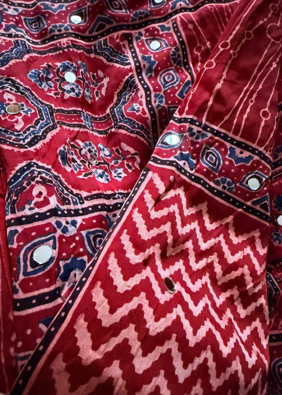 Red Pure Modal Silk Saree With Mirror Work- Gujarat
